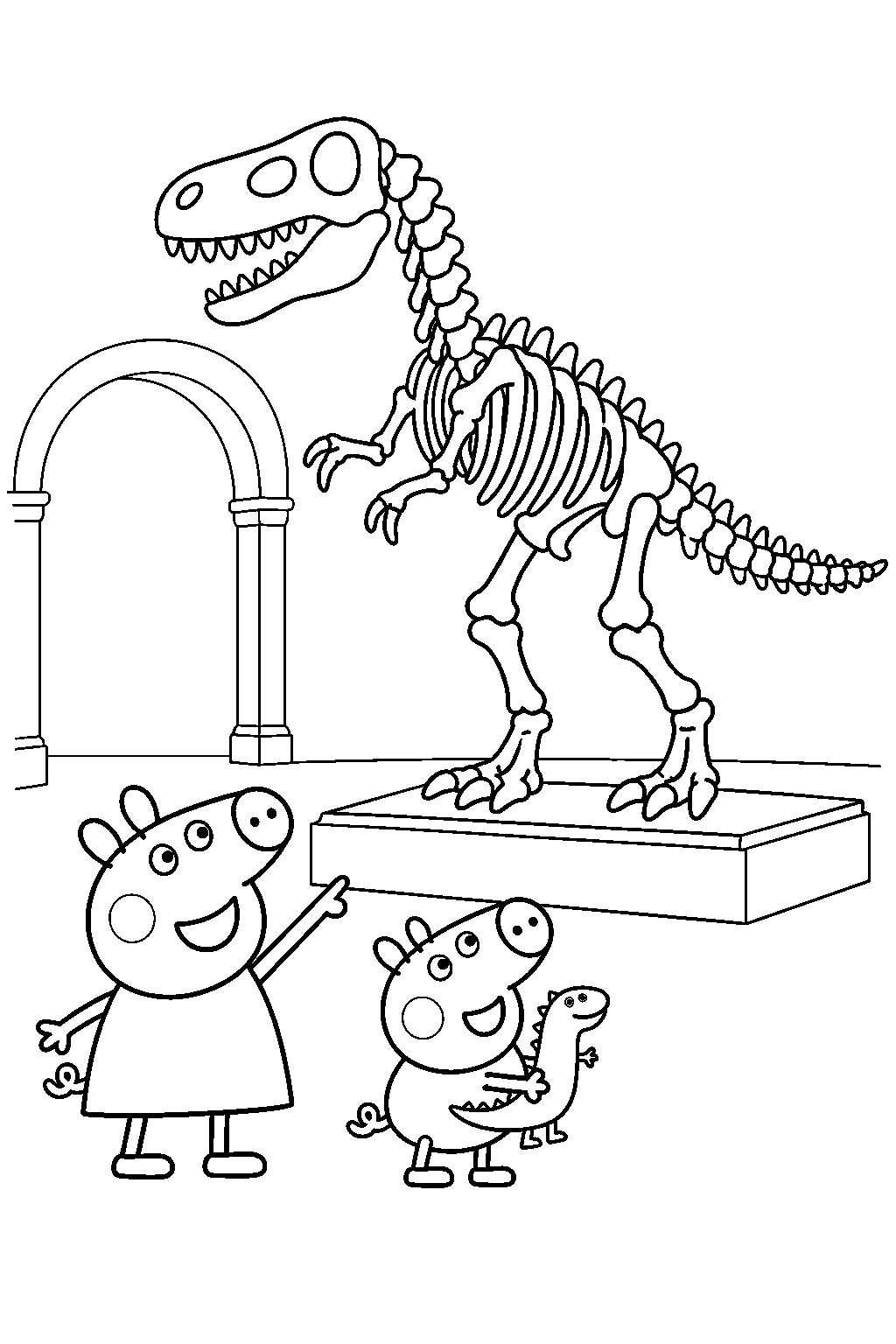 peppa pig visiting a dinosaur exhibit with george pig at the museum line art