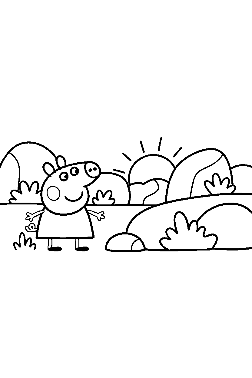 peppa pig watching in rocky area line art