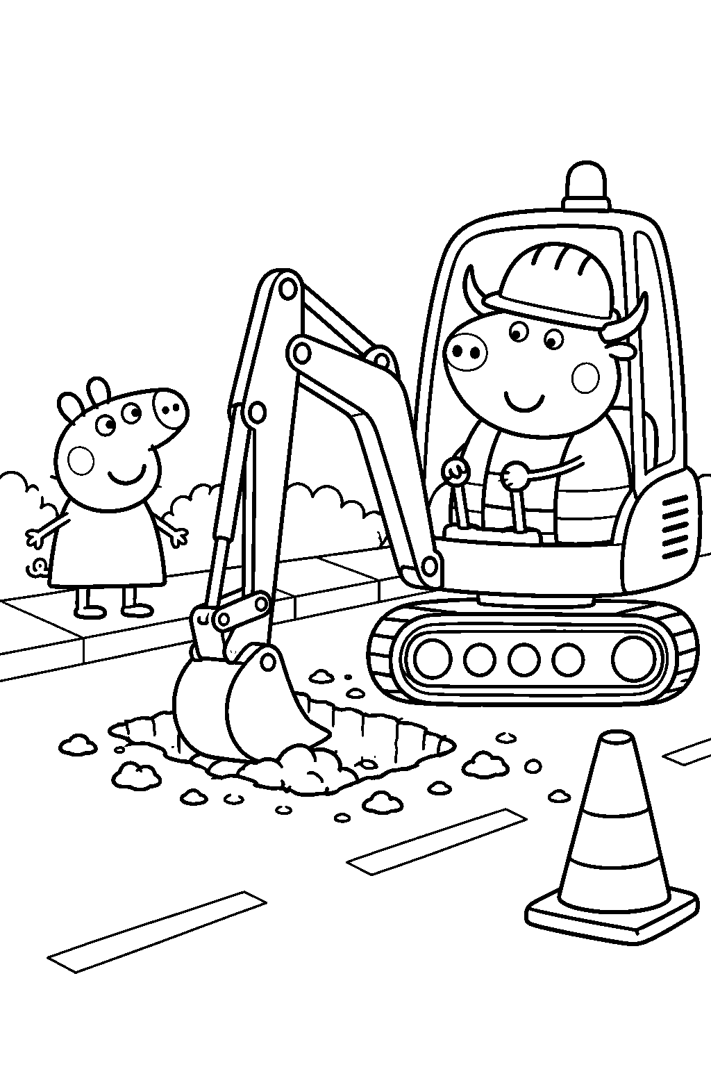 peppa pig watching mr bull repair the road with a digger line art
