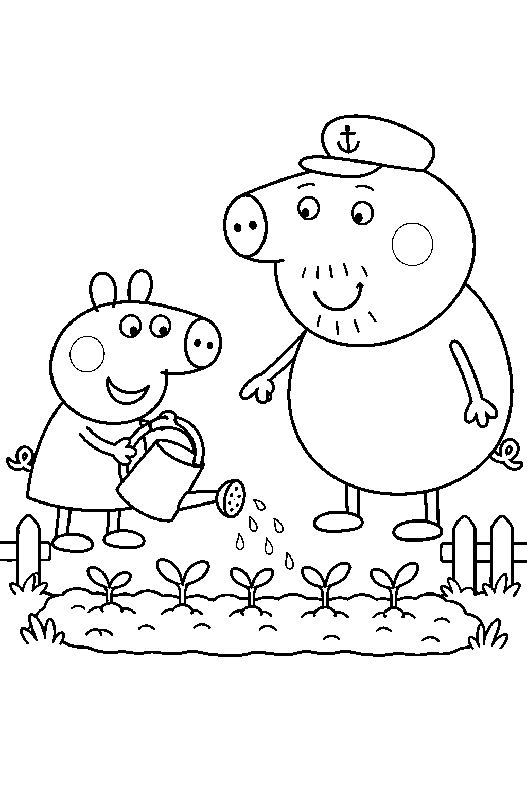 peppa pig watering seedlings with grandpa pig in his vegetable garden line art