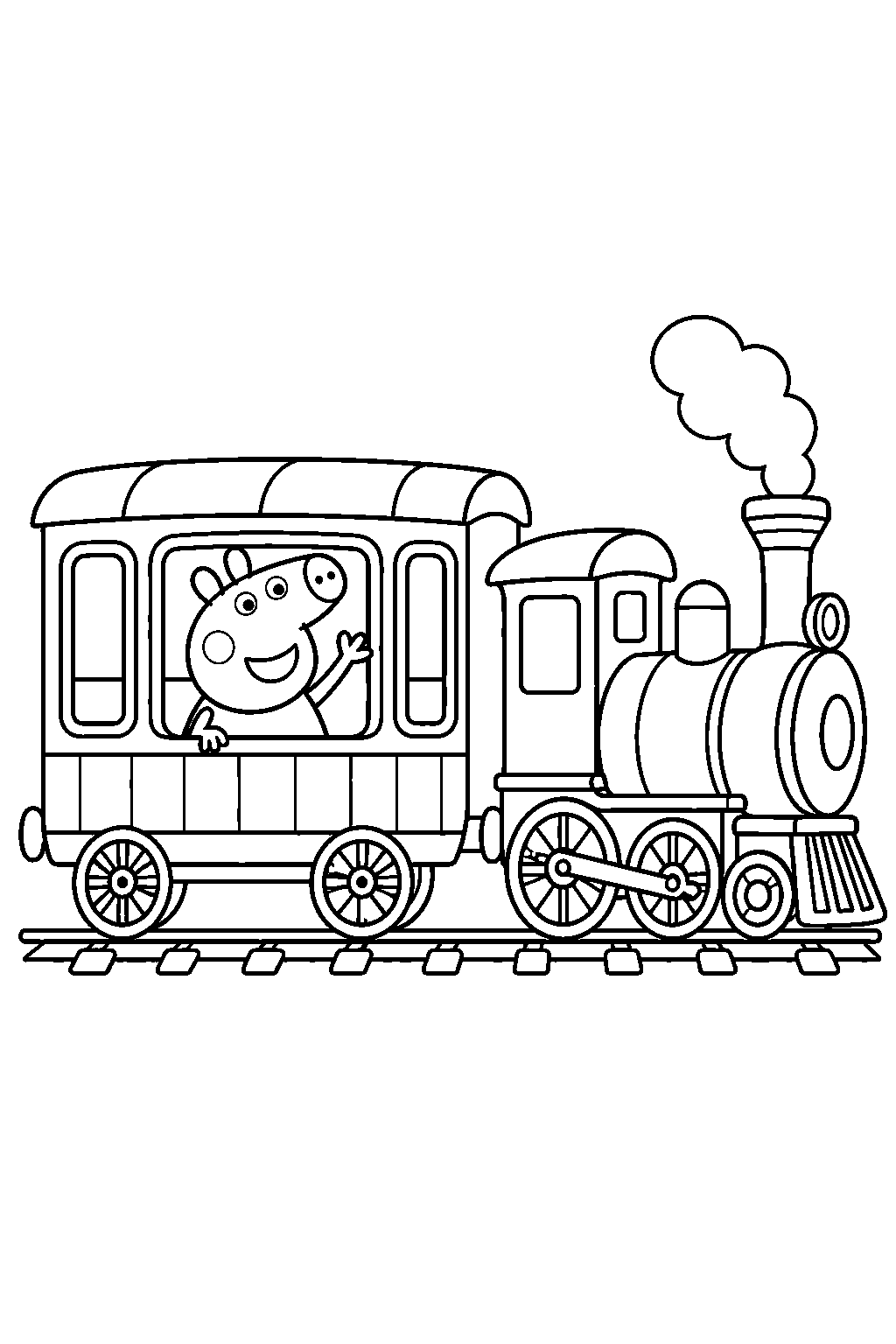 peppa pig waving from the window of a steam train carriage line art