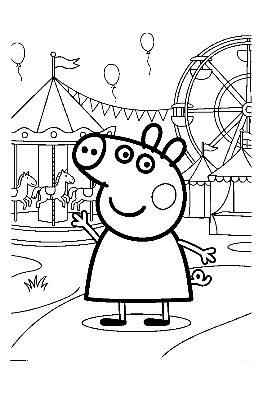 peppa pig waving in fairground line art