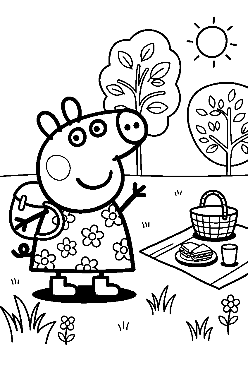 peppa pig waving in picnic area line art