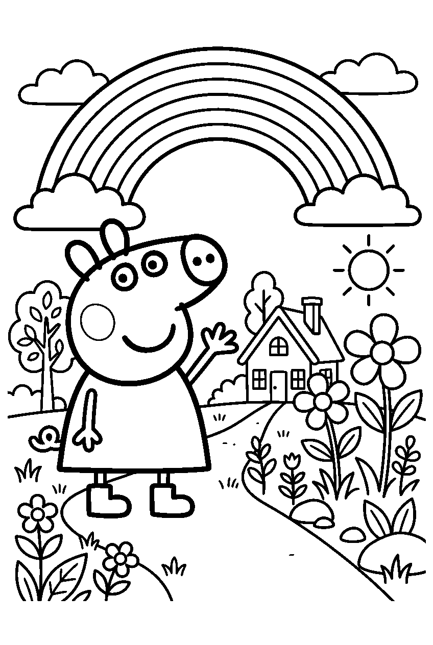 peppa pig waving in rainbow garden line art