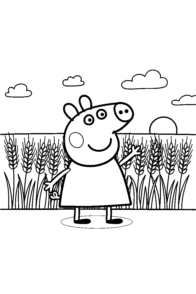 peppa pig waving in wheat field line art