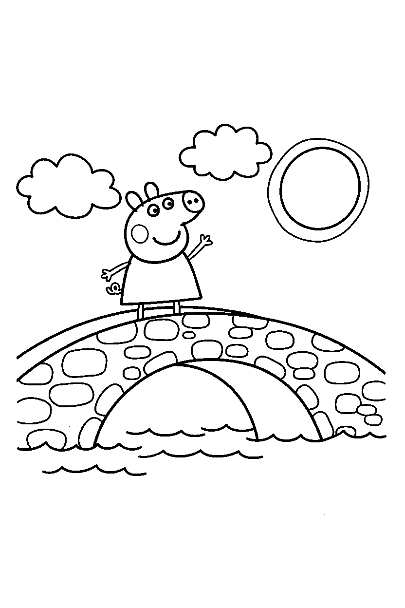 peppa pig waving on bridge line art