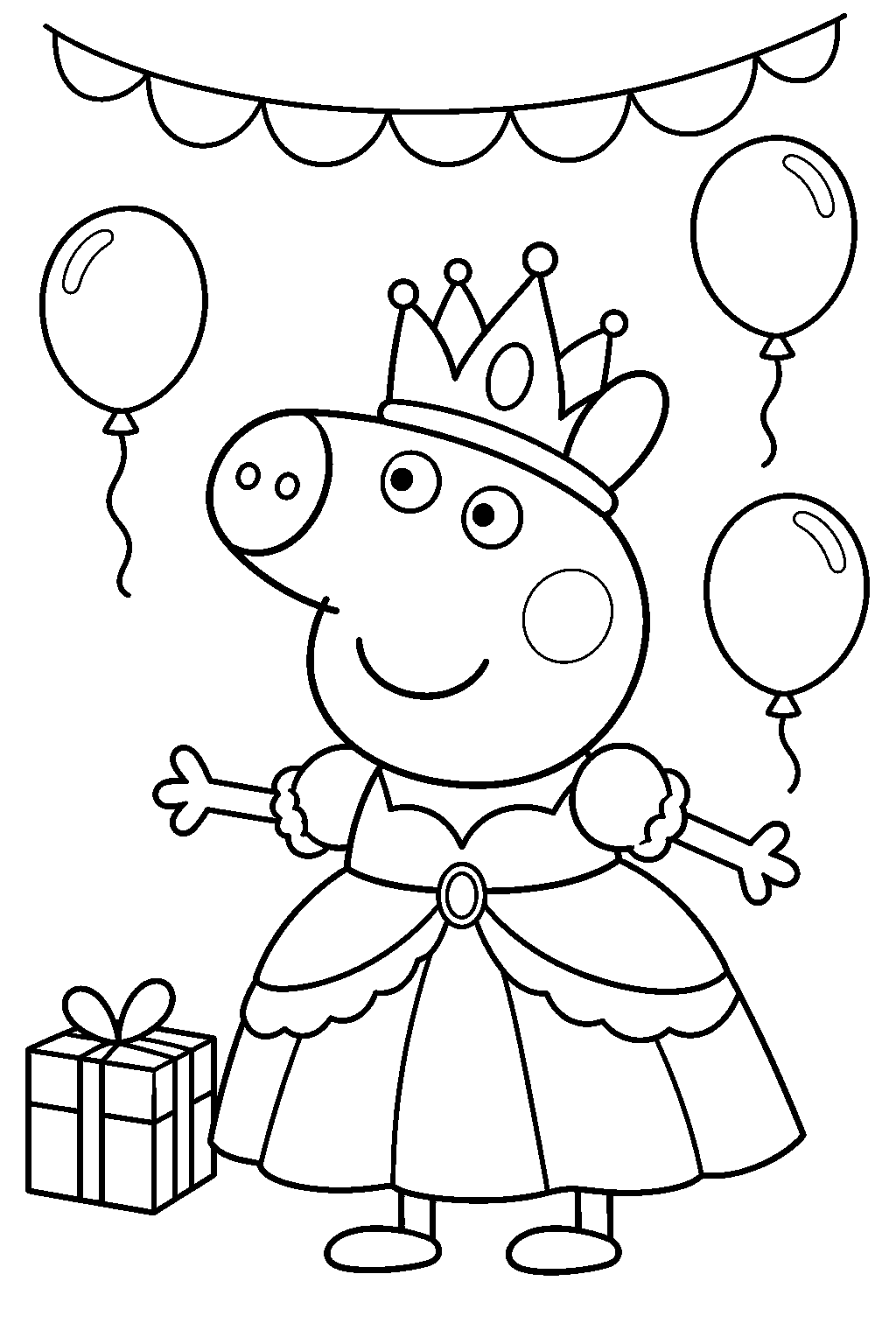 peppa pig wearing a princess crown and gown at a fancy dress party line art