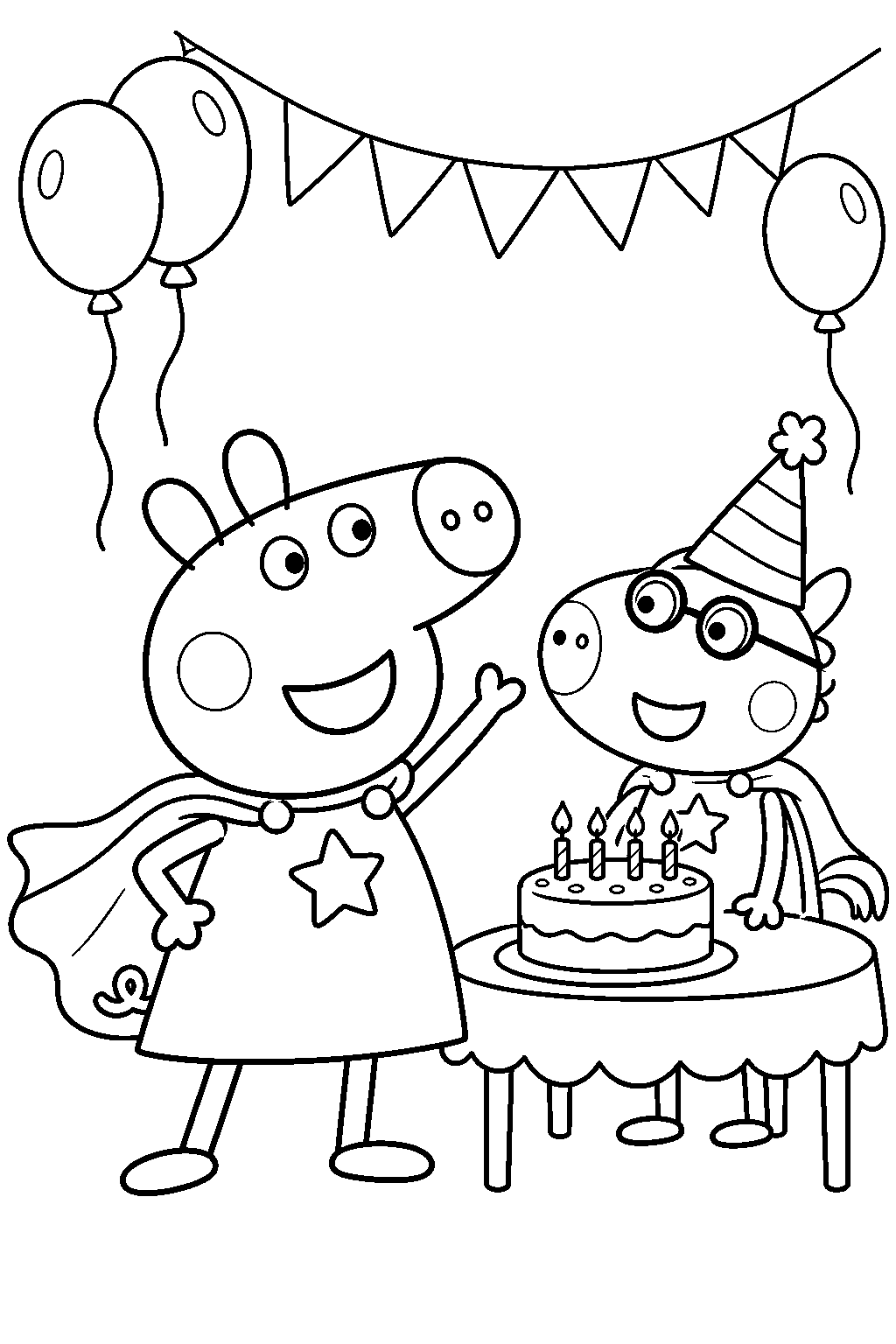 peppa pig wearing a superhero cape at pedro pony s superhero birthday party line art