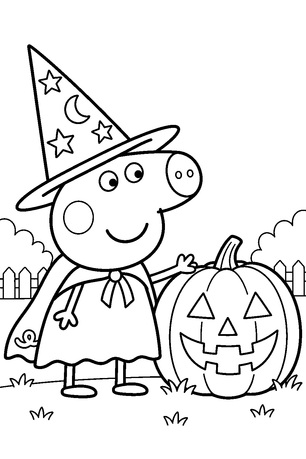 peppa pig wearing a witch costume beside a carved halloween pumpkin line art