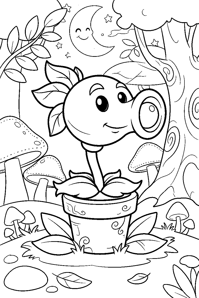 plants vs zombies peashooter in enchanted forest line art