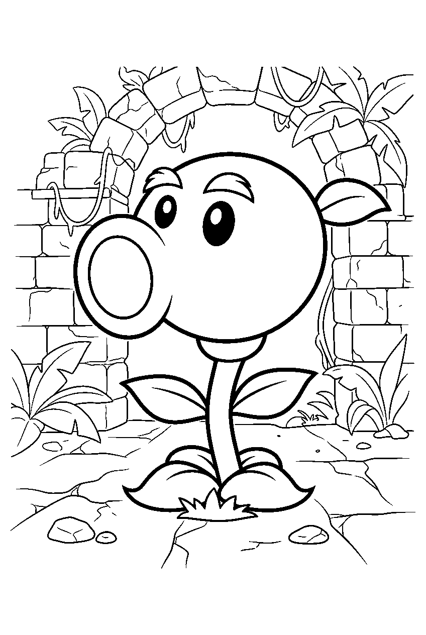 plants vs zombies peashooter in jungle ruins line art