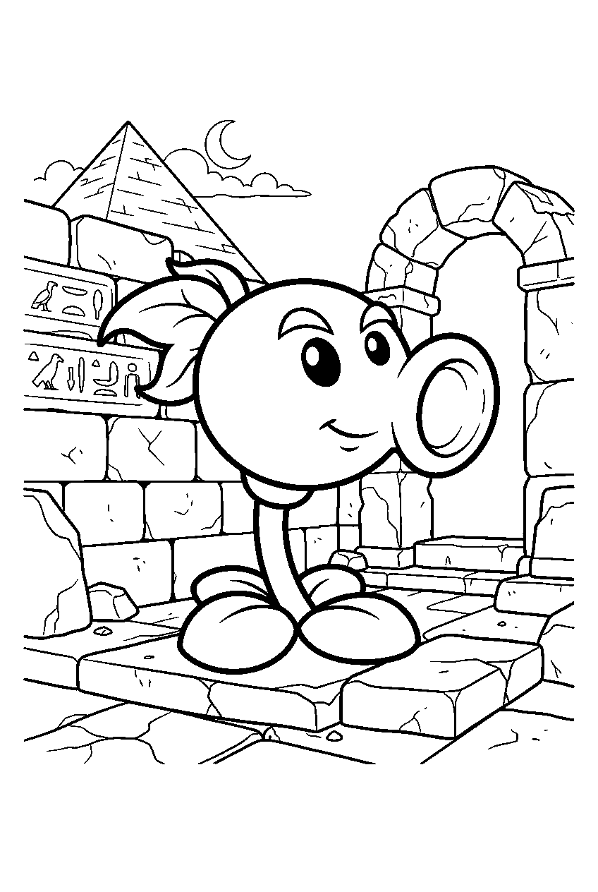 plants vs zombies peashooter in pyramid ruins line art