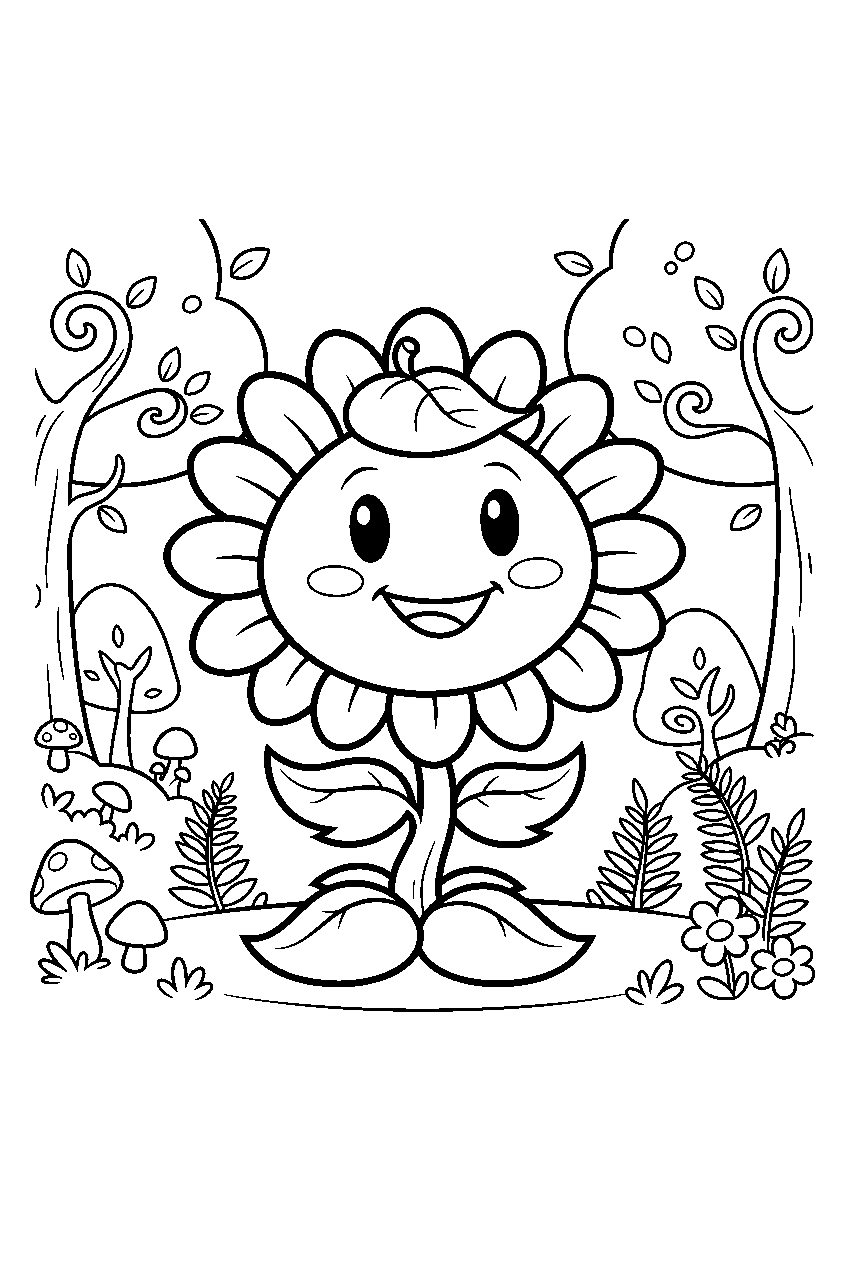 plants vs zombies sunflower in enchanted forest line art