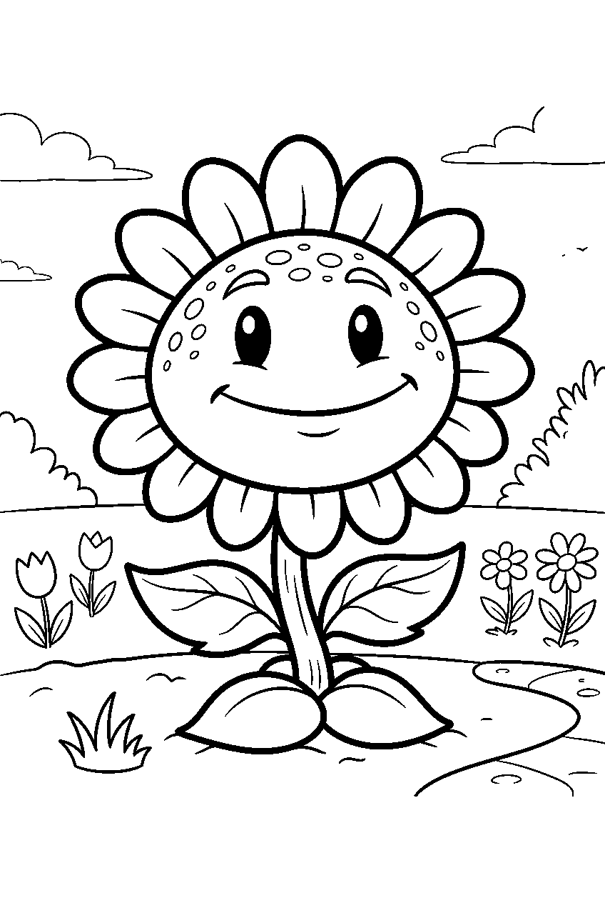 plants vs zombies sunflower in flower garden line art