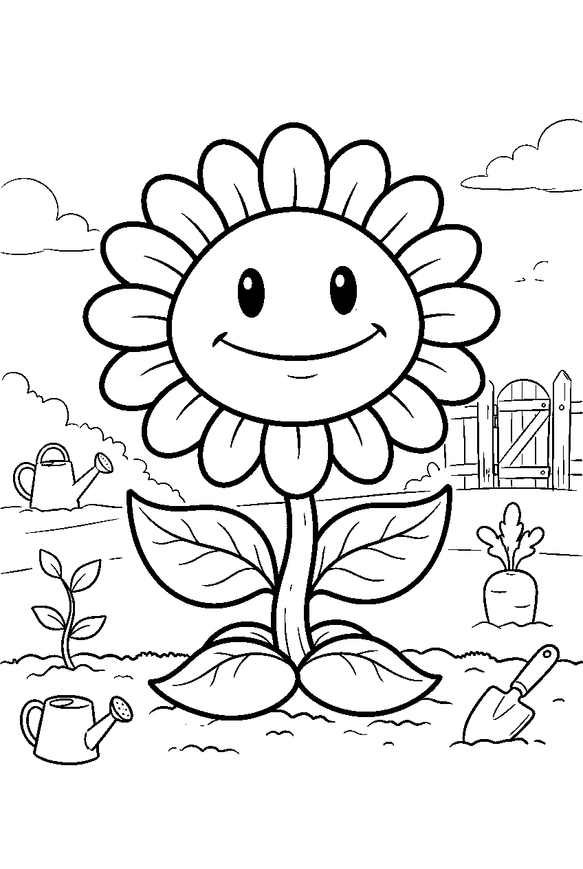 plants vs zombies sunflower in vegetable garden line art