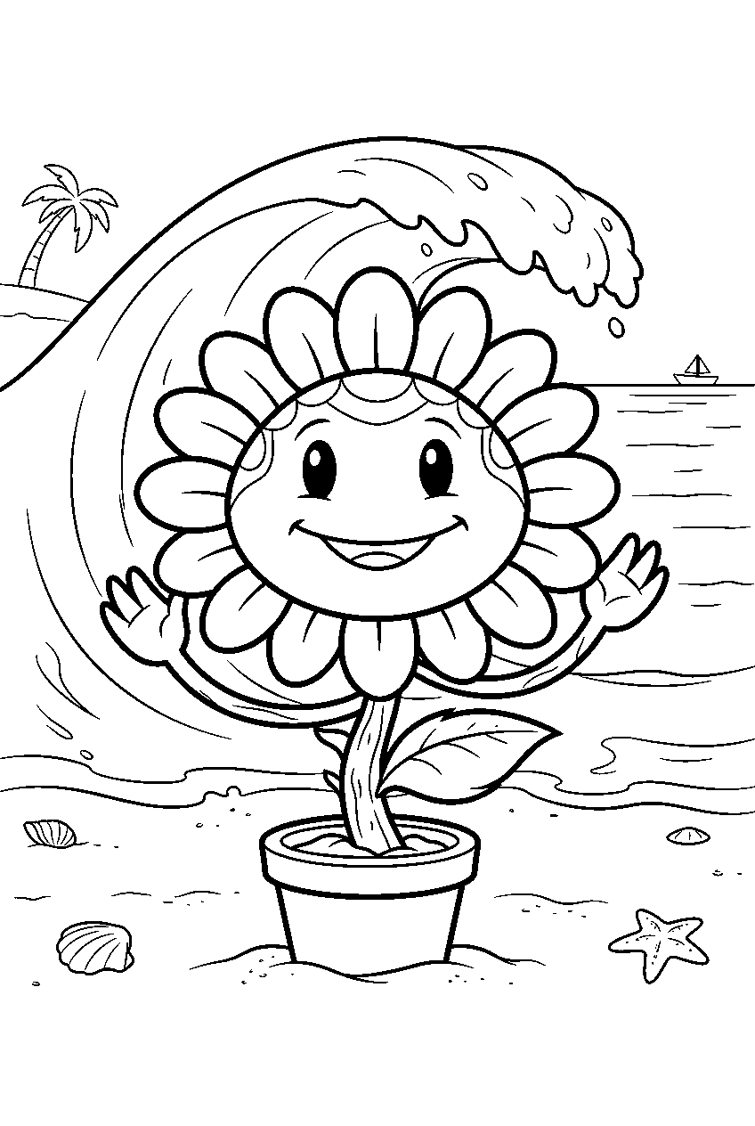 plants vs zombies sunflower on big wave beach line art