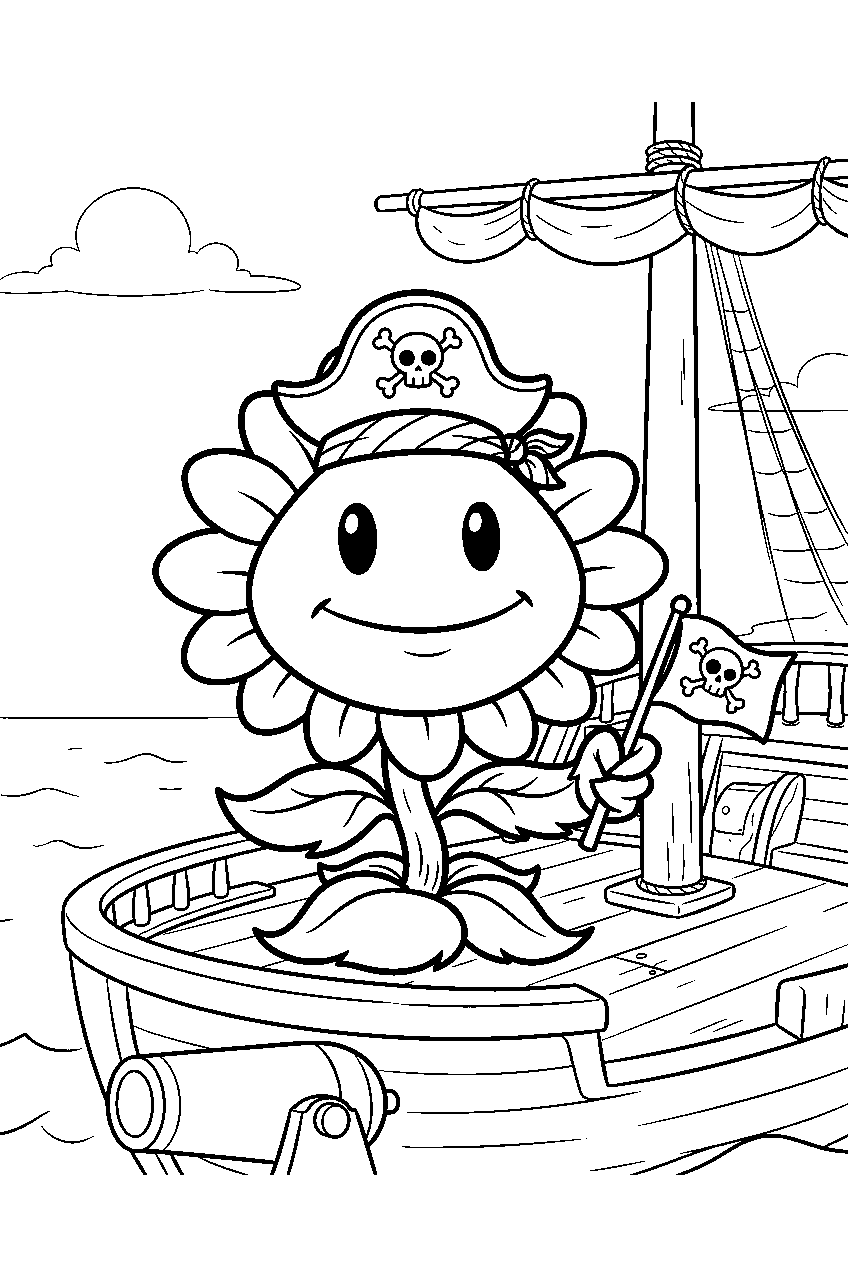 plants vs zombies sunflower on pirate ship line art