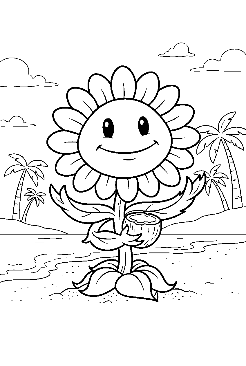 plants vs zombies sunflower on tropical shore line art