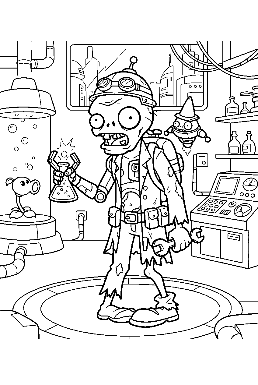 plants vs zombies zombie in futuristic laboratory line art