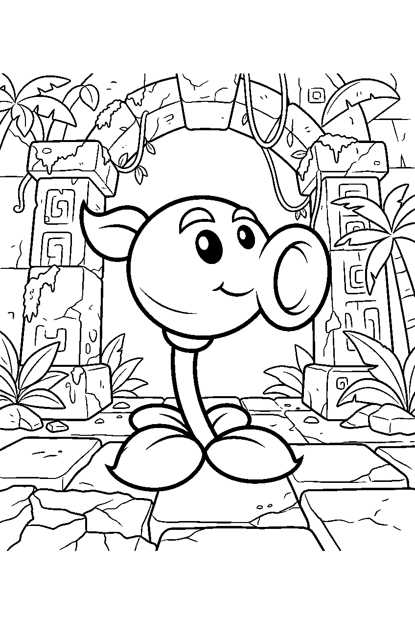 plants vs zombies in ancient temple line art