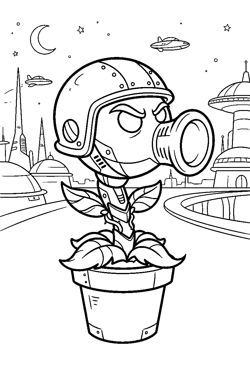plants vs zombies in far future city line art