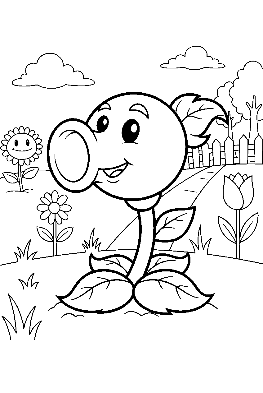 plants vs zombies in flower garden line art