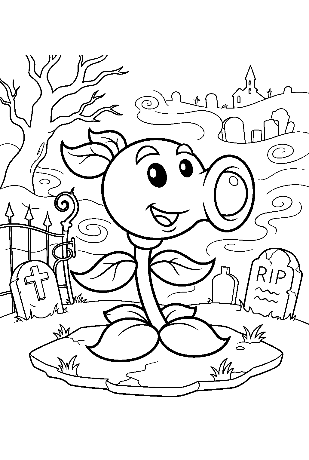 plants vs zombies in foggy graveyard line art