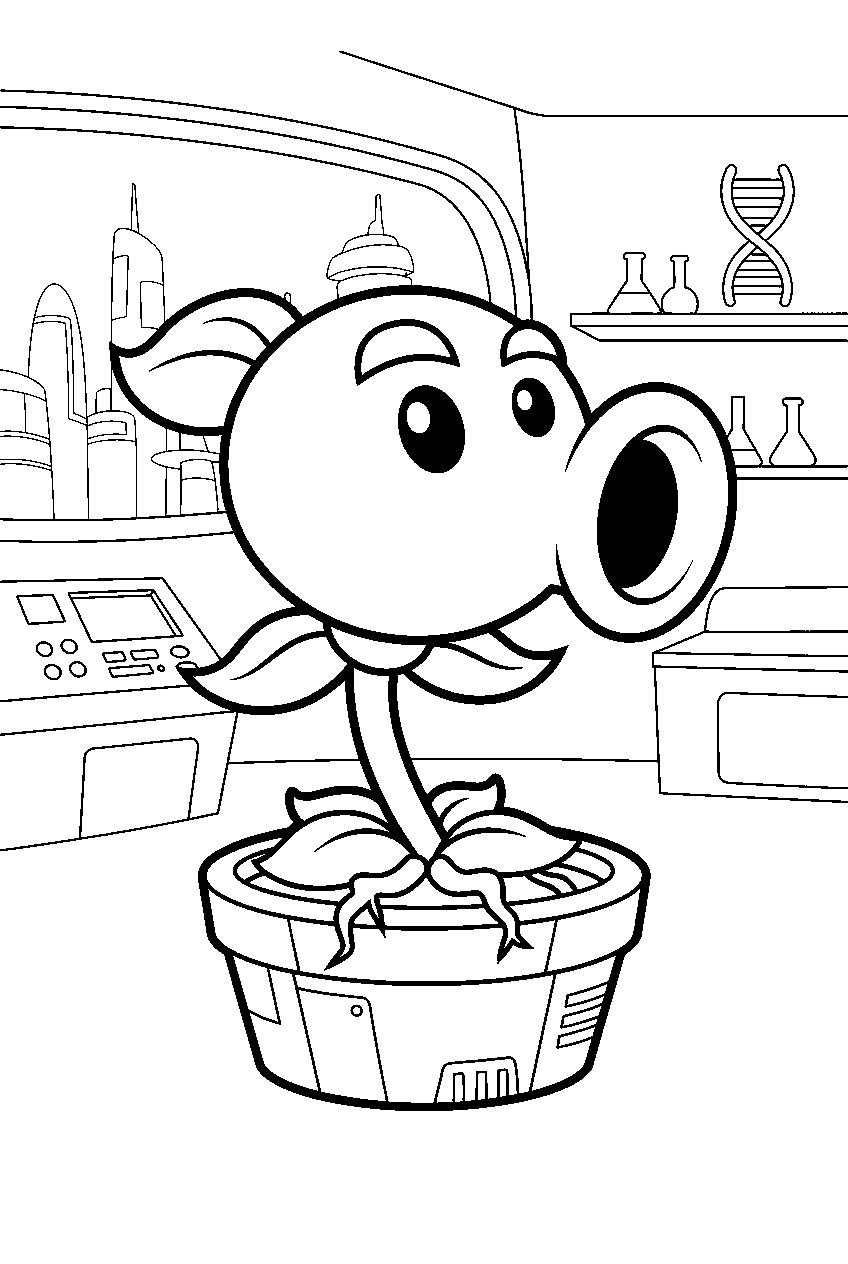plants vs zombies in futuristic laboratory line art