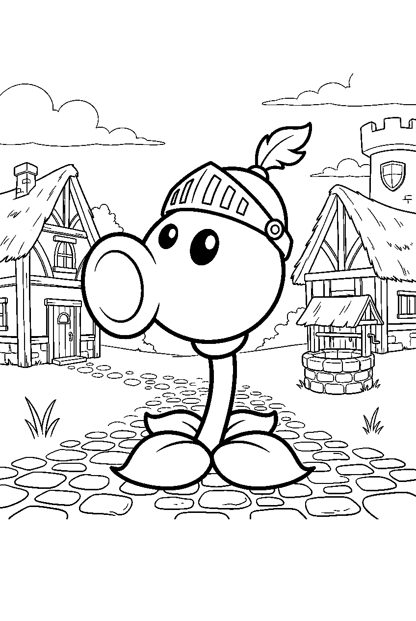 plants vs zombies in medieval village line art