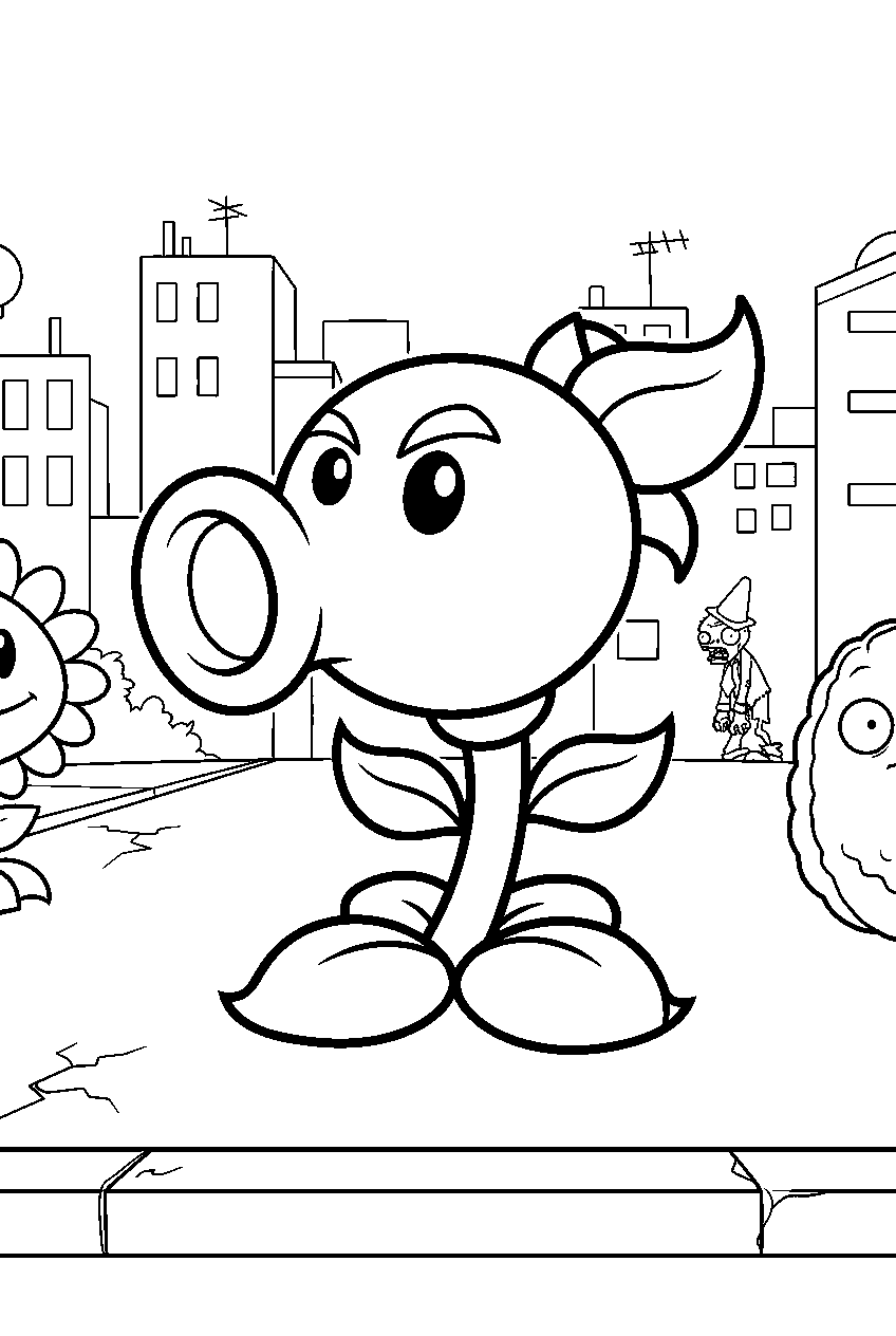 plants vs zombies in modern day city line art