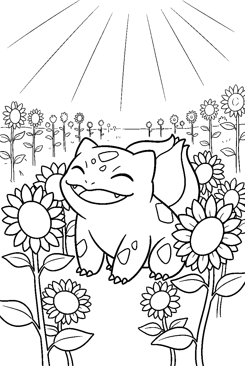 bulbasaur absorbing sunlight among sunflowers in a field line art