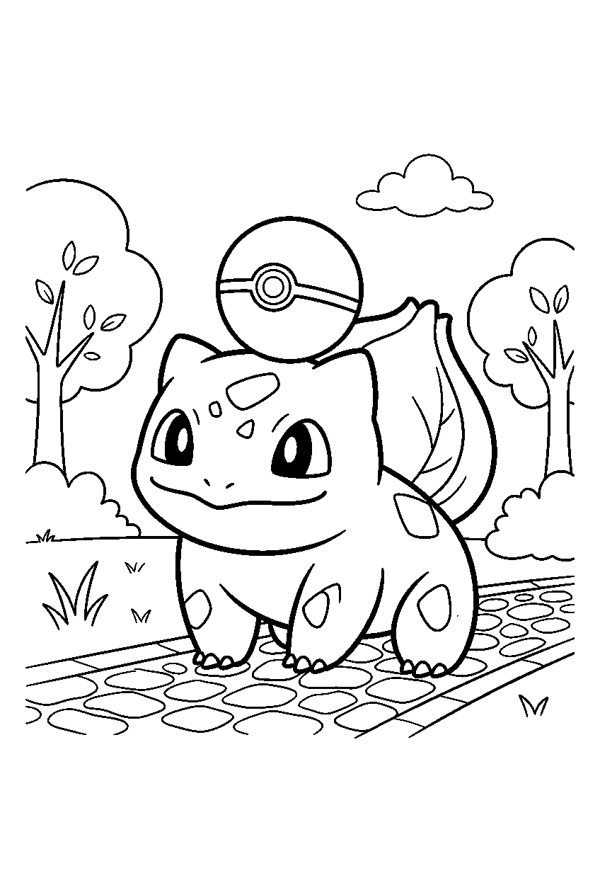 bulbasaur balancing a pokeball on its head in a park line art