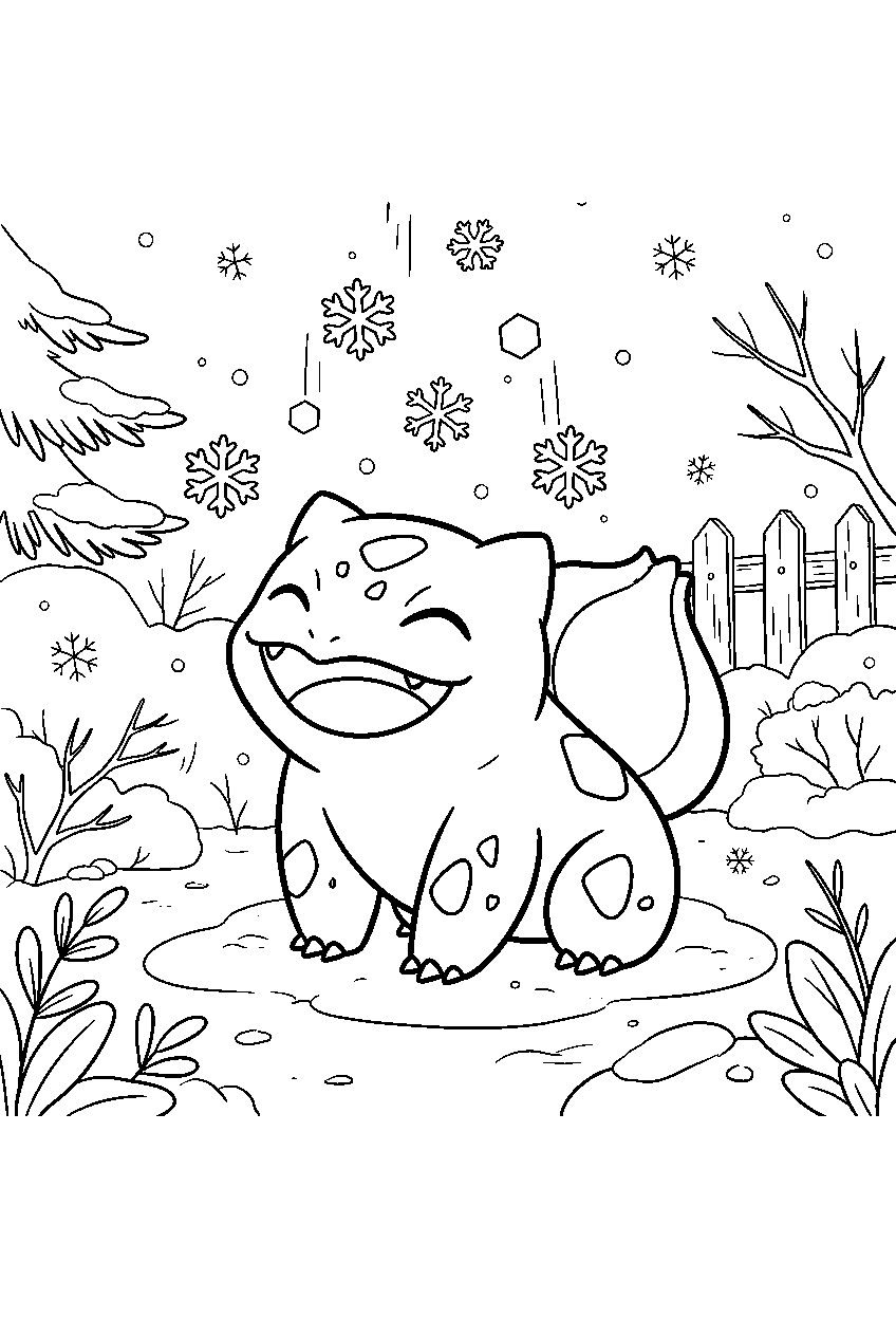 bulbasaur catching snowflakes in a winter garden line art