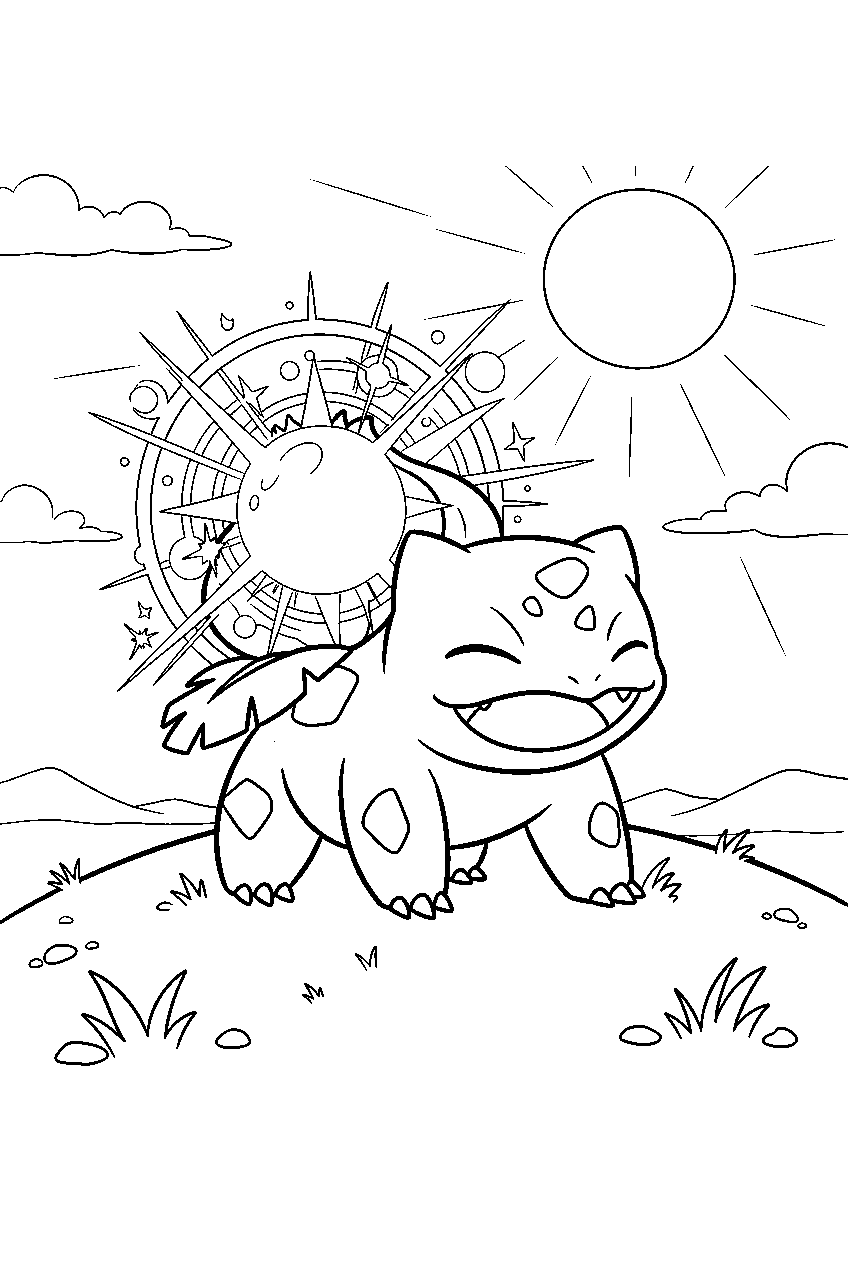 bulbasaur charging solar beam on a sunny hilltop line art