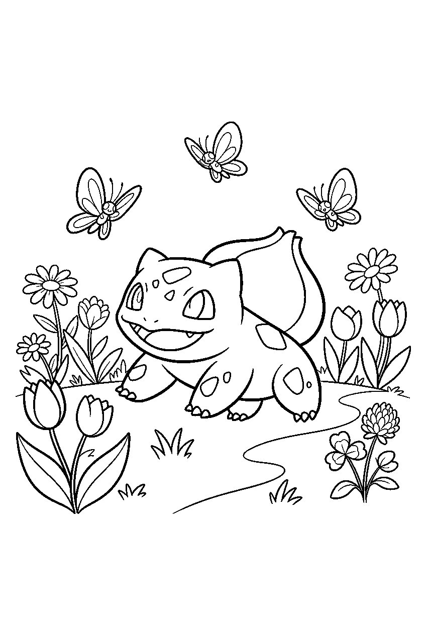 bulbasaur chasing butterflies through a wildflower meadow line art