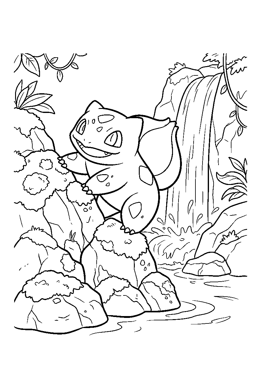 bulbasaur climbing mossy rocks beside a waterfall line art