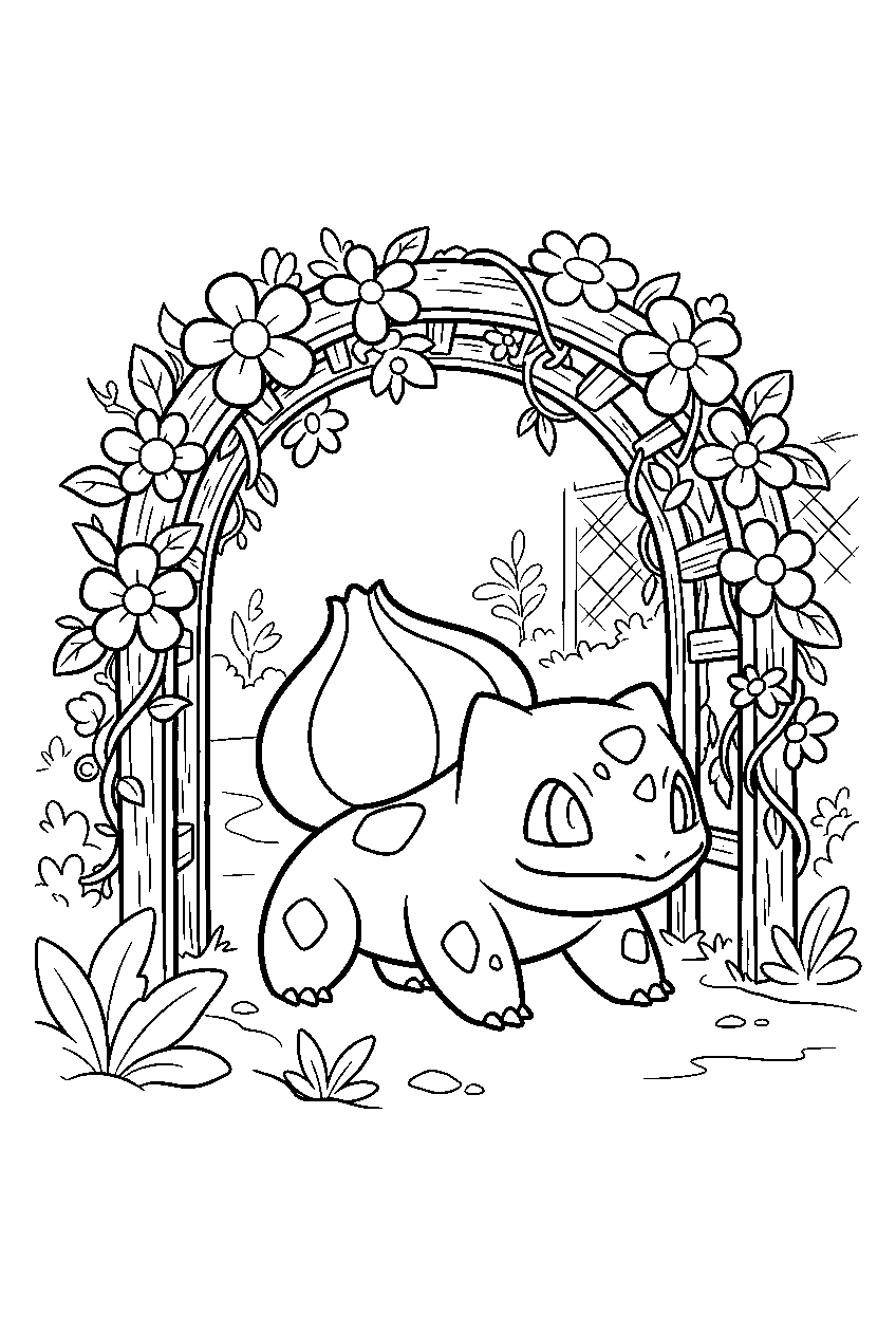 bulbasaur crawling through a flower tunnel in a botanical garden line art