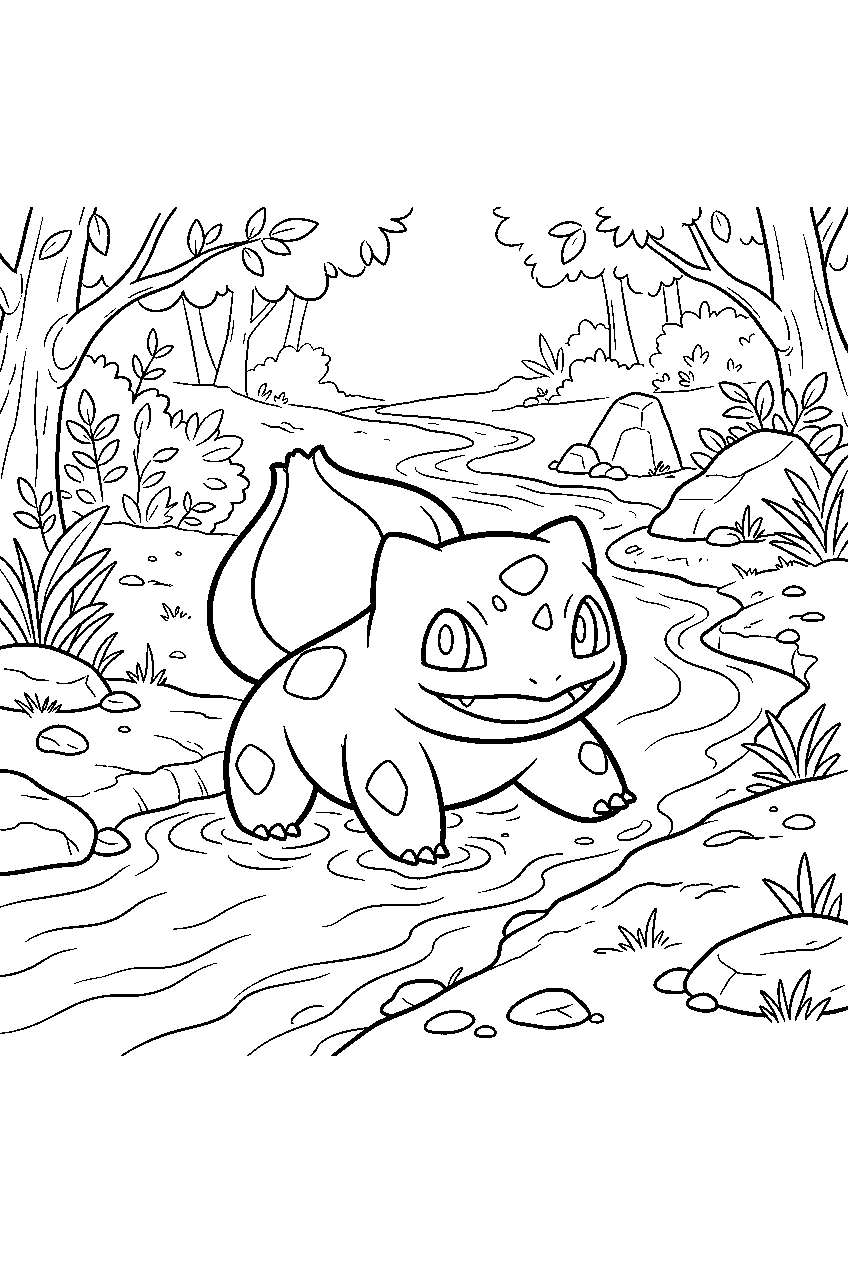 bulbasaur crossing a shallow stream in a forest line art