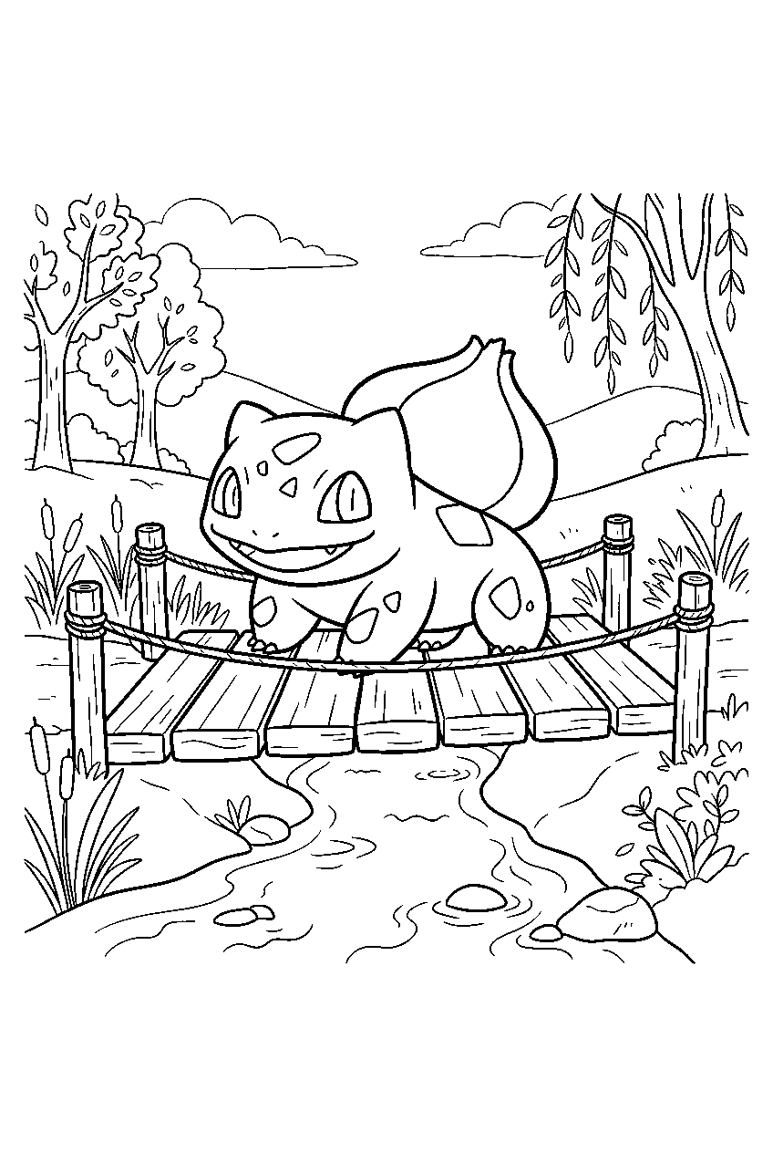 bulbasaur crossing a wooden bridge above a woodland stream line art