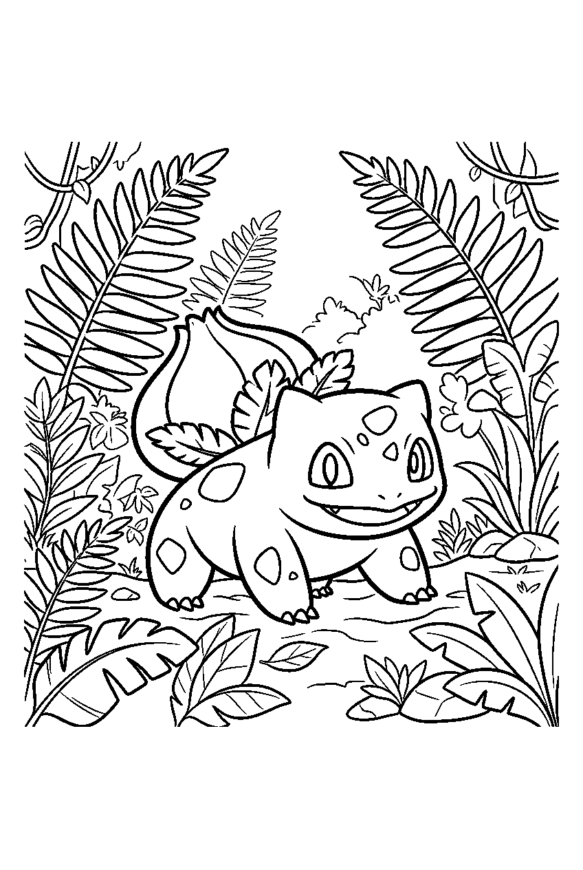 bulbasaur exploring ferns in a tropical jungle line art