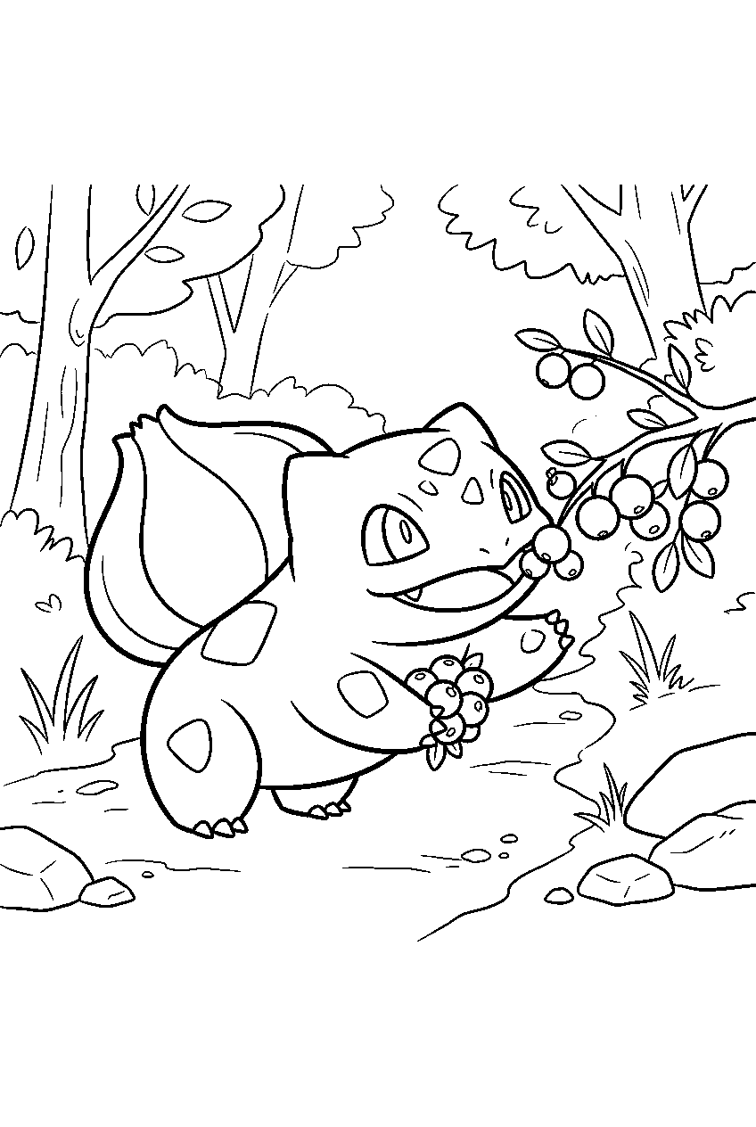 bulbasaur gathering berries along a forest path line art