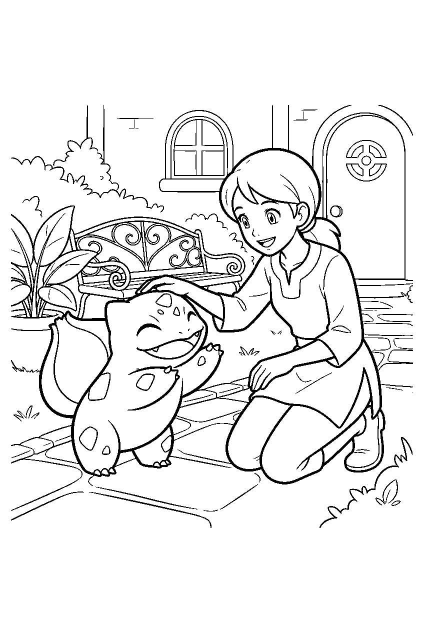 bulbasaur greeting a trainer in a healing center garden line art