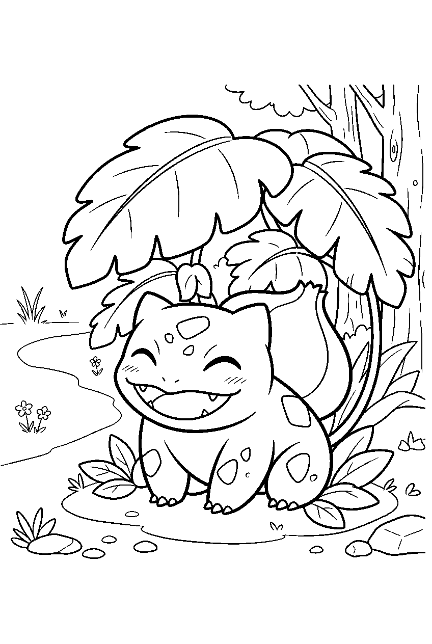 bulbasaur grinning beneath giant leaves in a simple woodland scene line art