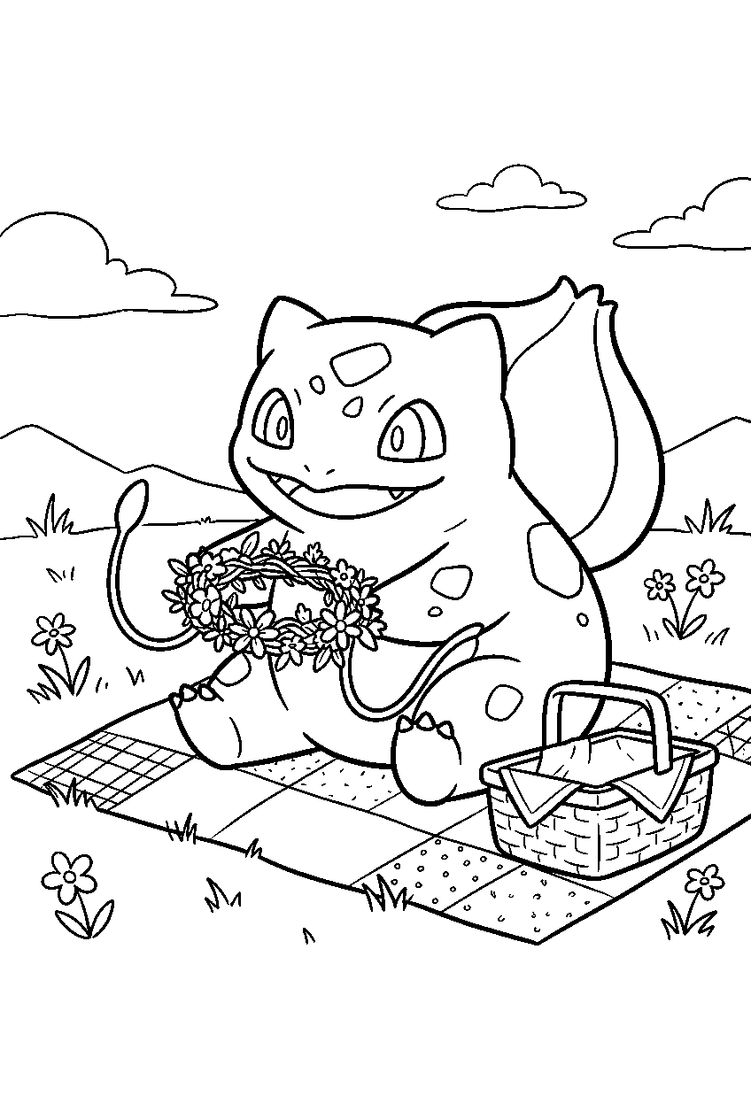 bulbasaur holding a flower crown with its vines at a meadow picnic line art