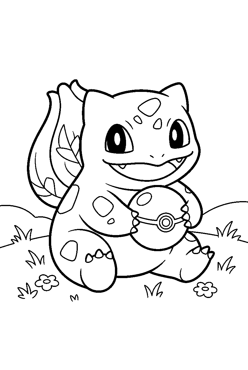 bulbasaur holding a pokeball in a grassy field line art