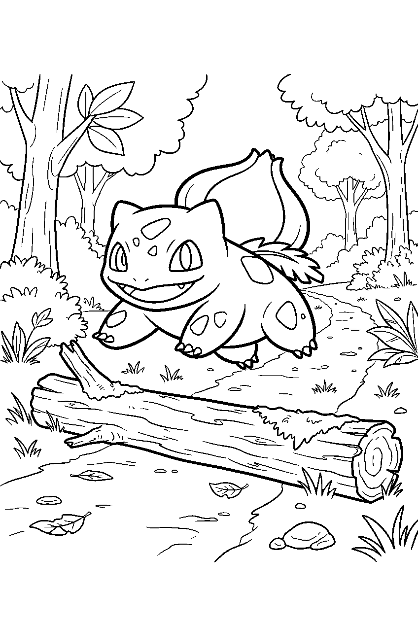 bulbasaur jumping over a fallen log on a forest trail line art