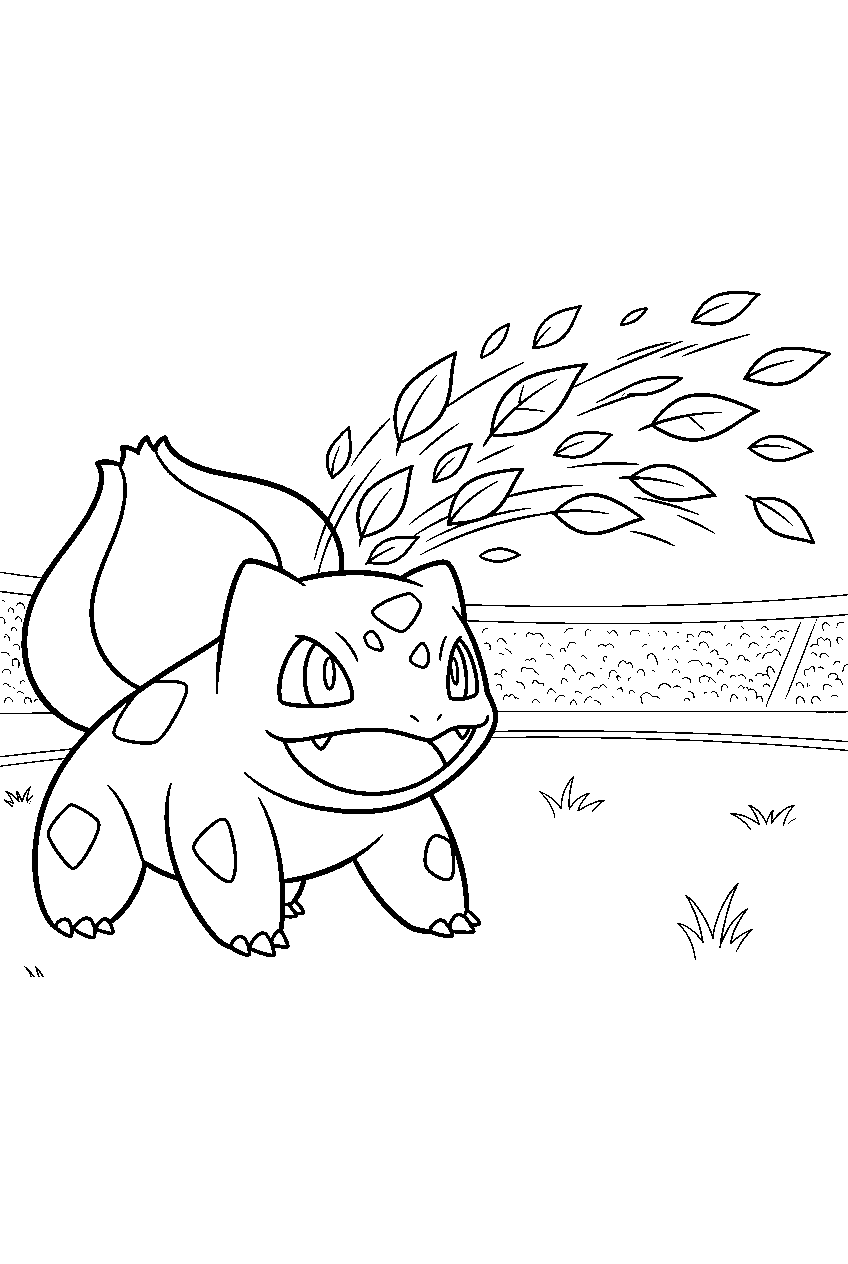 bulbasaur launching razor leaf across a grassy arena line art