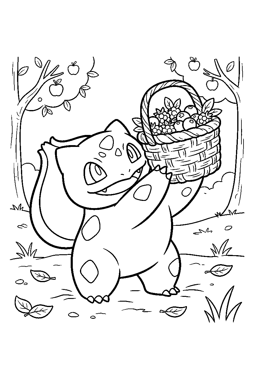 bulbasaur lifting a berry basket with vines in an orchard line art