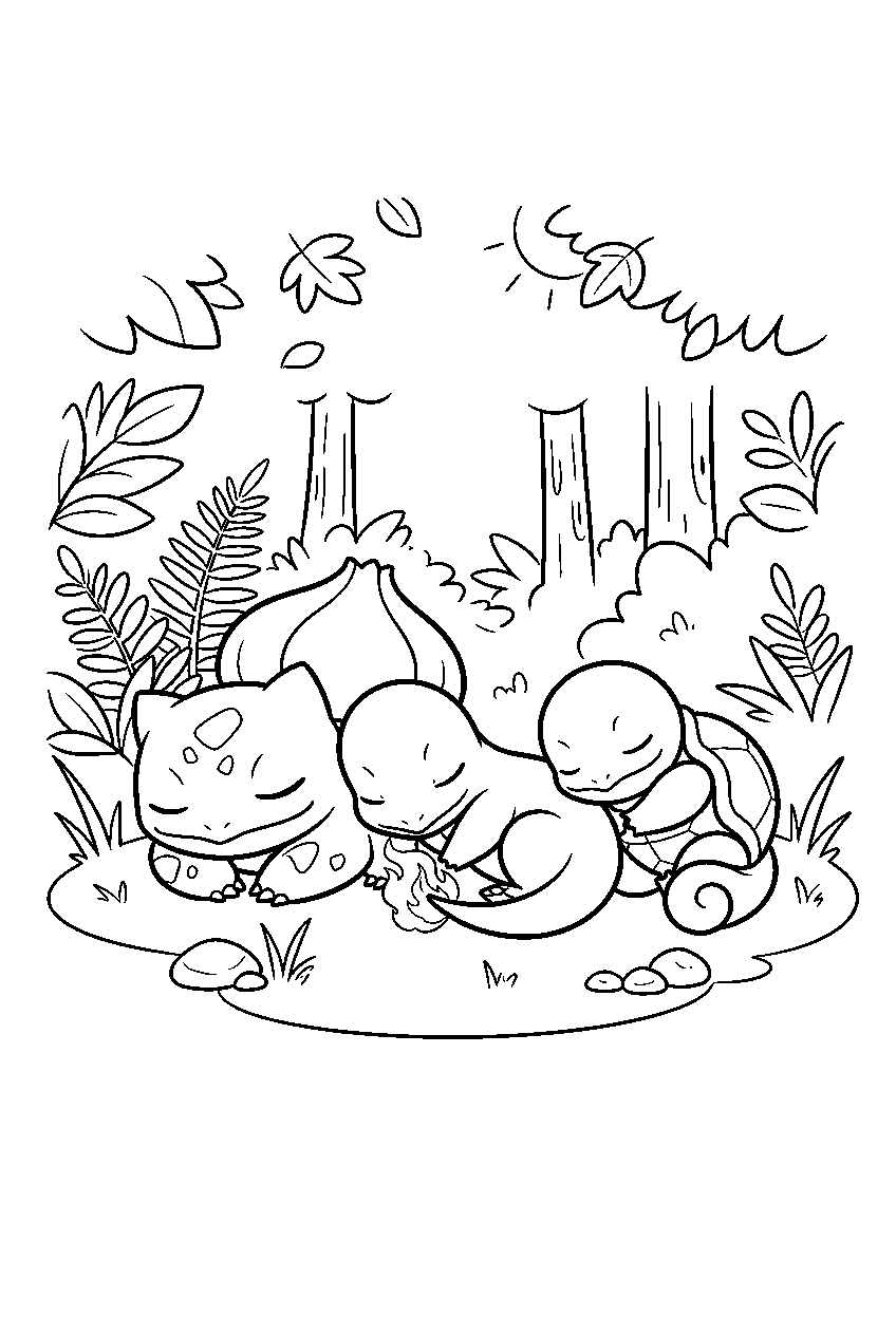 bulbasaur napping beside charmander and squirtle in a forest clearing line art