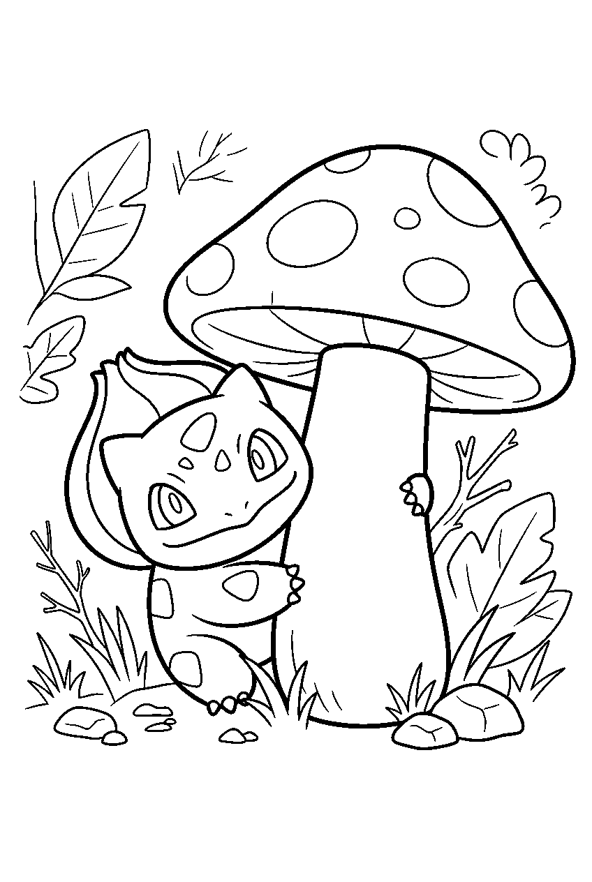 bulbasaur peeking from behind a giant mushroom in a forest line art